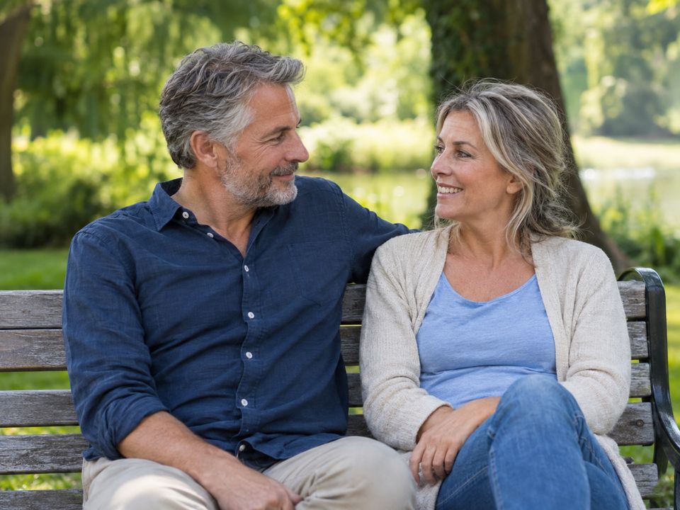 A couple sharing a relaxed conversation on a park bench